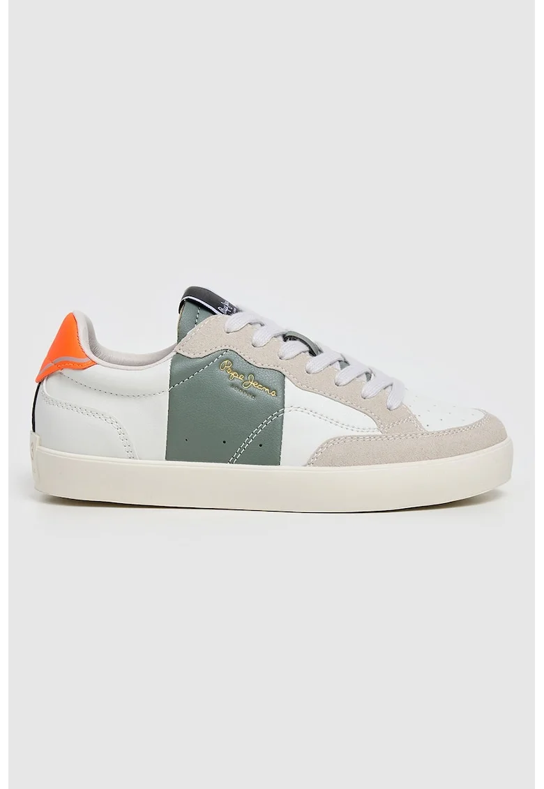Pantofi sport de piele cu model colorblock, Alb/Negru/Portocaliu mandarina/Verde sparanghel