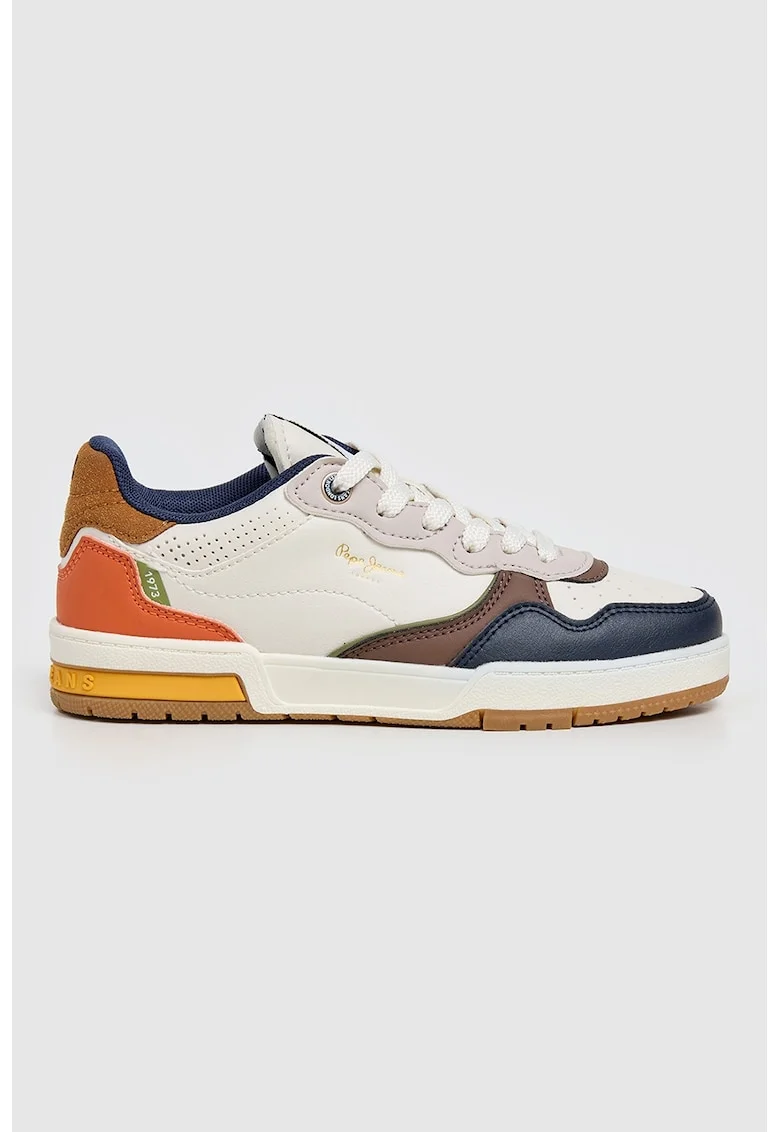 Pantofi sport de piele ecologica cu model colorblock, Alb/Maro inchis/Portocaliu mandarina/Bleumarin