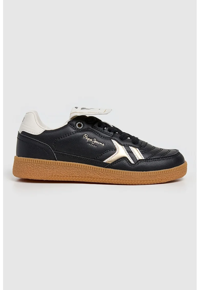 Pantofi sport de piele ecologica cu limba pliabila, Negru/Maro nisip/Alb murdar
