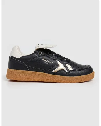 Pantofi sport de piele ecologica cu limba pliabila, Negru/Maro nisip/Alb murdar