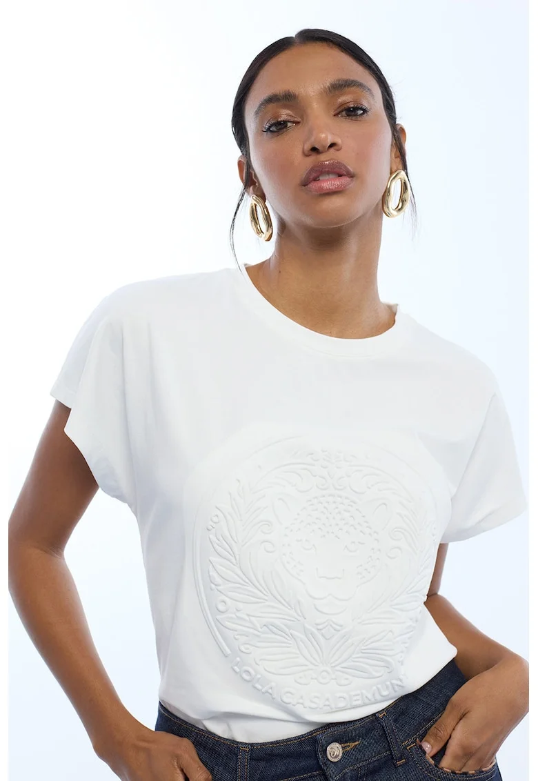 Tricou cu model grafic in relief, Alb murdar
