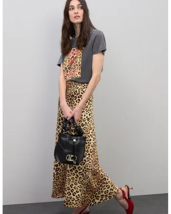 Fusta din satin cu model animal print, Negru/Maro nisip