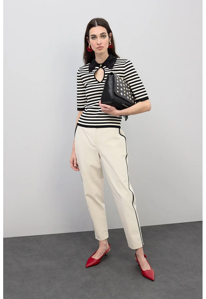 Tricou cu model in dungi si strasuri, Negru/Alb murdar