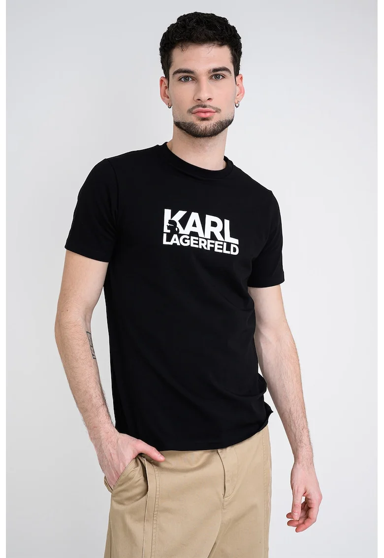 Tricou cu decolteu la baza gatului si logo, Negru