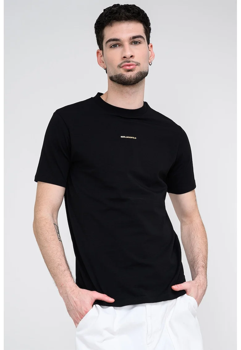 Tricou cu decolteu la baza gatului si detaliu logo, Auriu/Negru