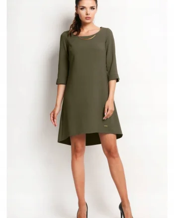 Rochie Trapez,  Tip Midi, Asimetrica, Stil Casual, Elegant, Business, 58% Poliester, 37% Viscoza, 5% Elastan, Lungime Maneca 3/4, Decolteu Rotund, Pentru Birou, Pentru Munca, Pentru Intalnire, Bleumarin, Verde masliniu