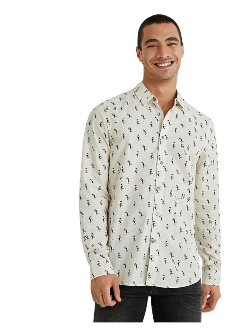 Camasa barbati  crem, bumbac, croiala regular fit, imprimeu artistic, maneci lungi