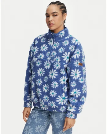 Polar dama,  model floral, albastru, material sintetic/poliester, croiala oversize