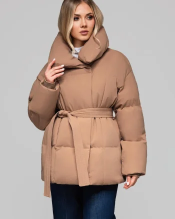 Jacheta matlasata cu curea si guler inalt  OW-JAHP-0106, Maro camel