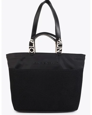 Geanta shopper din material textil, Negru/Bej