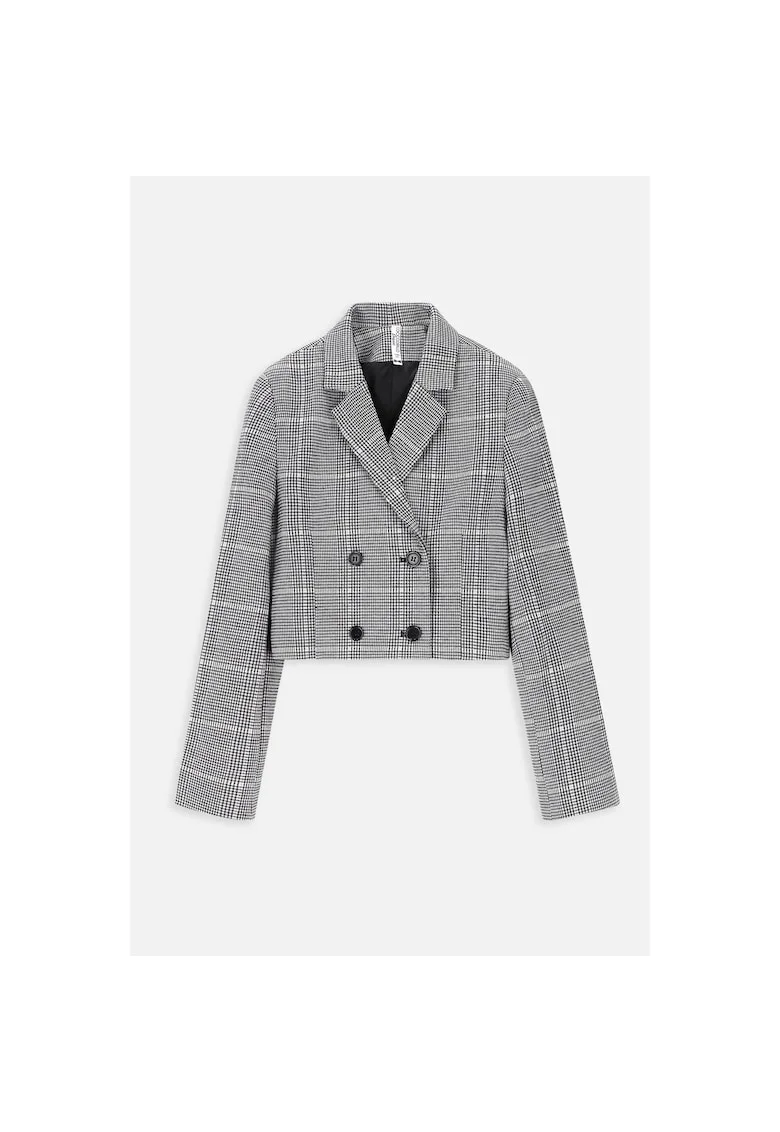 Sacou crop  cu model in carouri, Alb/Negru