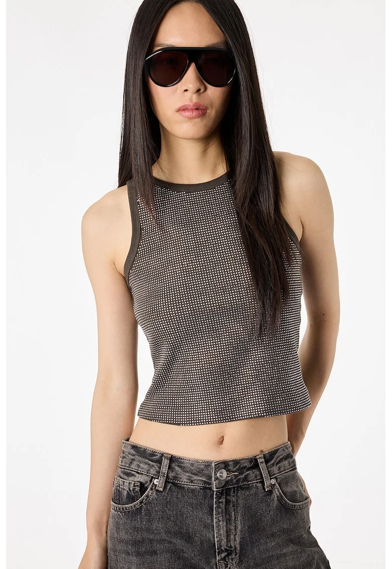 Top crop decorat cu strasuri, Gri inchis