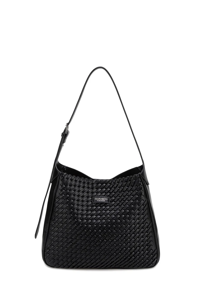 Geanta hobo de piele ecologica cu aspect tesut Étoile, Negru