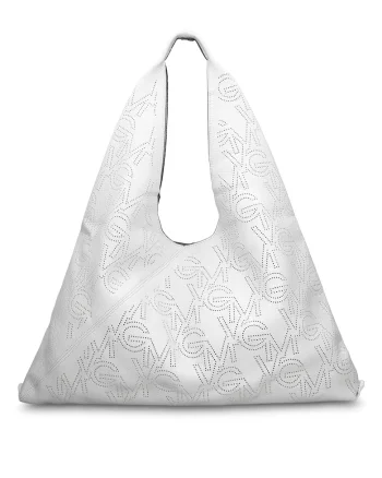 GianMarco, Geanta hobo de piele ecologica cu logo perforat Liviana Lux, Alb