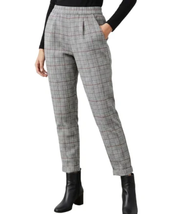 Pantaloni slim fit in carouri cu talie medie,