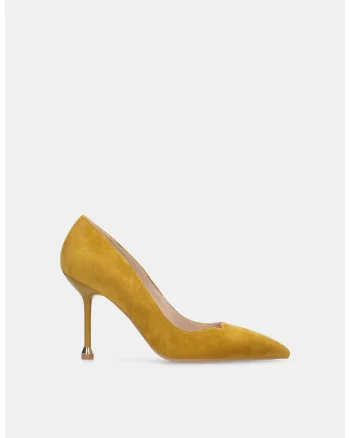 Pantofi din piele intoarsa cu varf ascutit si toc stiletto, Galben mustar