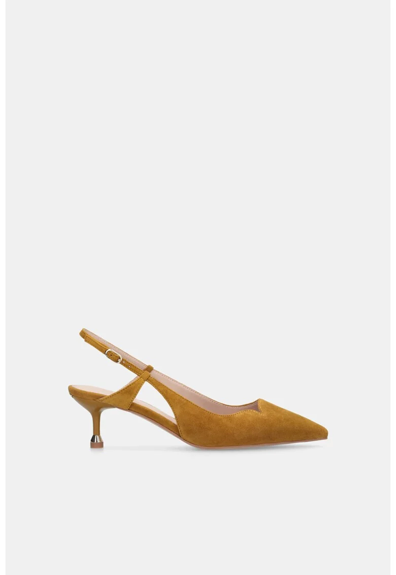 Pantofi slingback din piele intoarsa cu toc kitten, Galben mustar