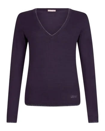 Pulover tricotat fin cu decolteu in V, Violet