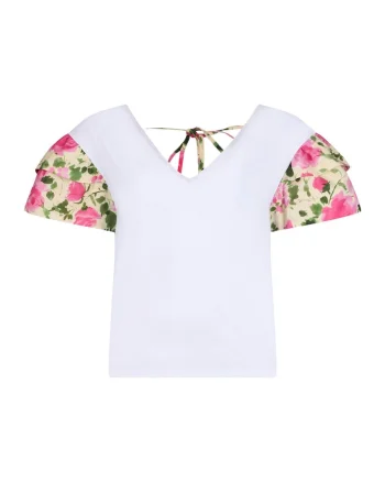 tricou de bumbac cu decolteu in V si maneci cu model floral, Alb/Roz