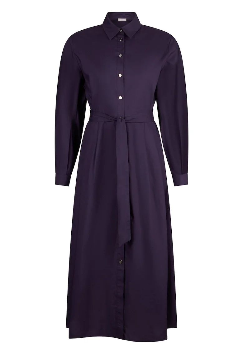 Rochie-camasa midi de poplin cu cordon in talie, Violet aubergine