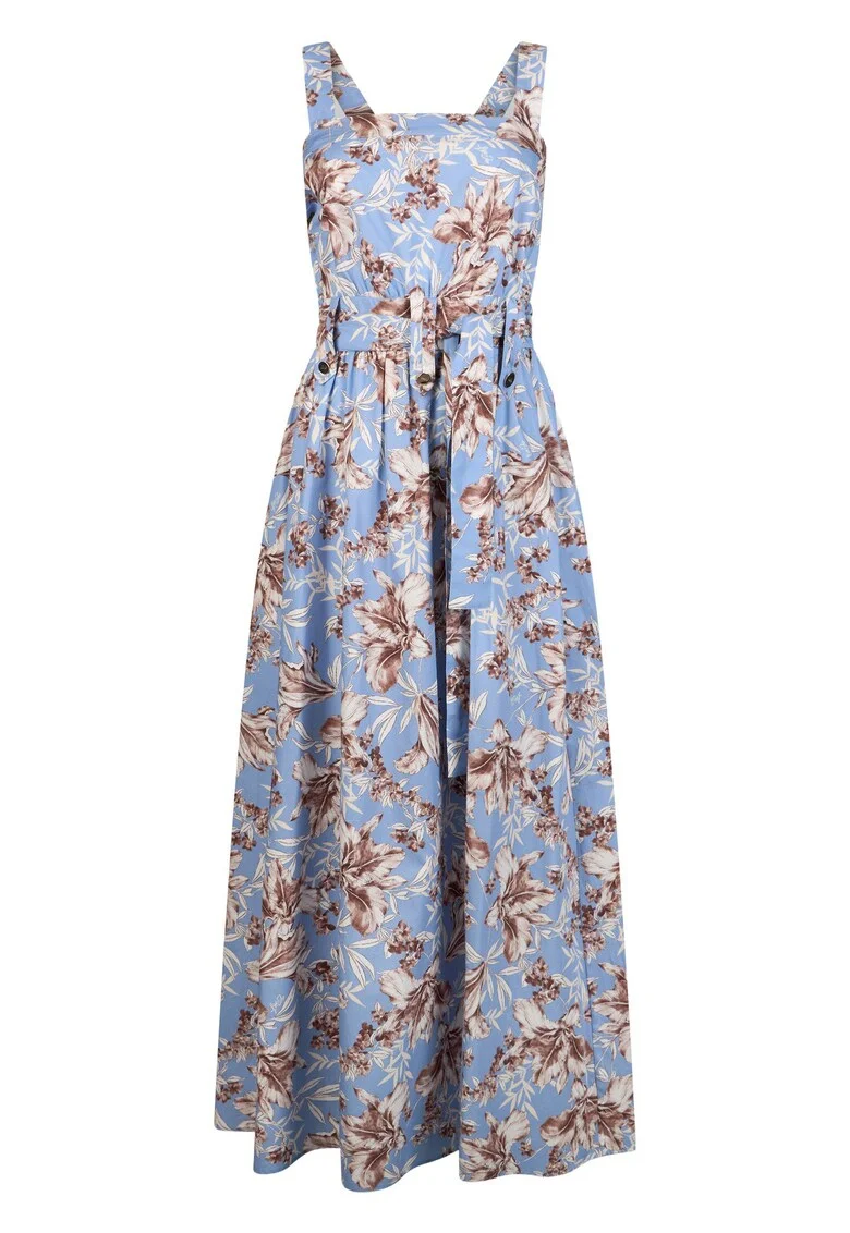 Rochie de poplin cu croiala evazata si cordon in talie, Albastru deschis