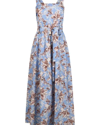 Rochie de poplin cu croiala evazata si cordon in talie, Albastru deschis