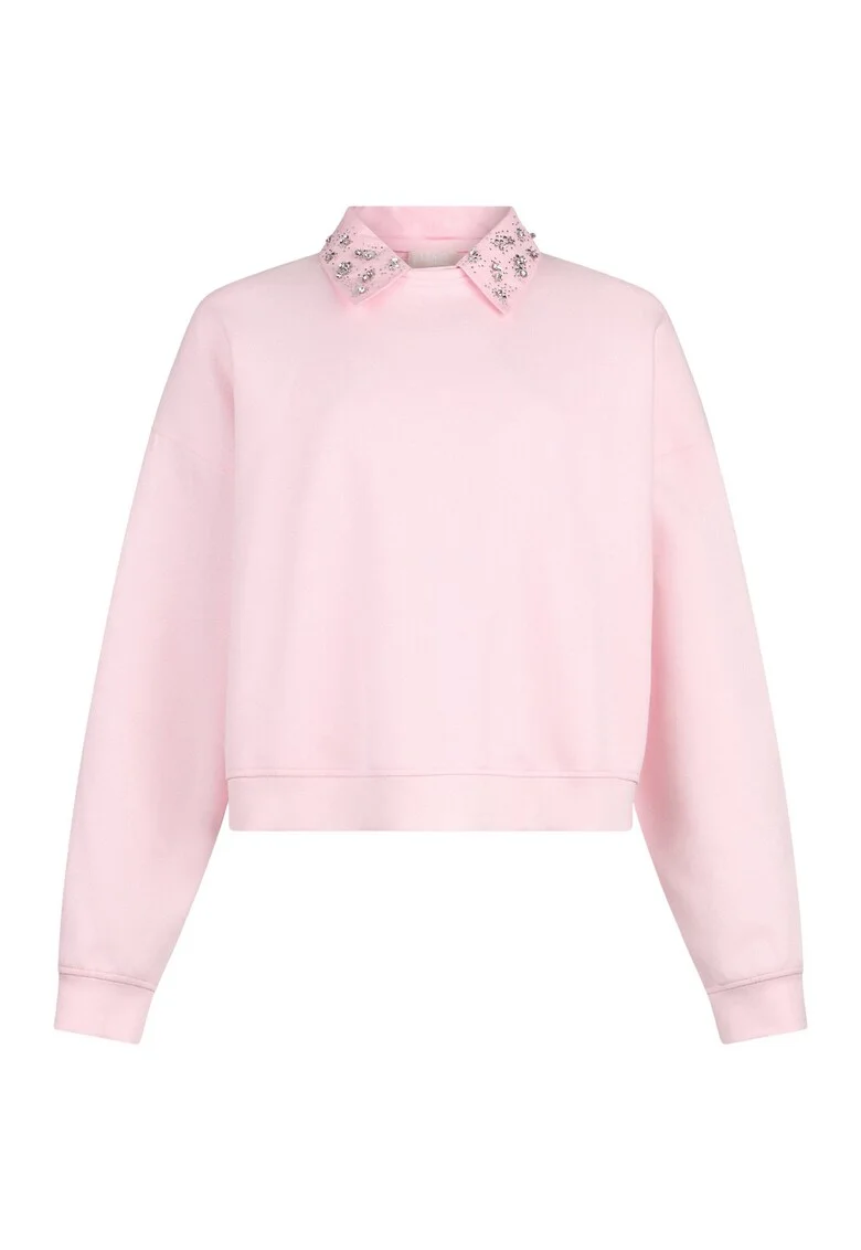 Bluza de trening cu guler clasic si strasuri, Roz