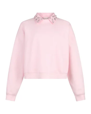 Bluza de trening cu guler clasic si strasuri, Roz
