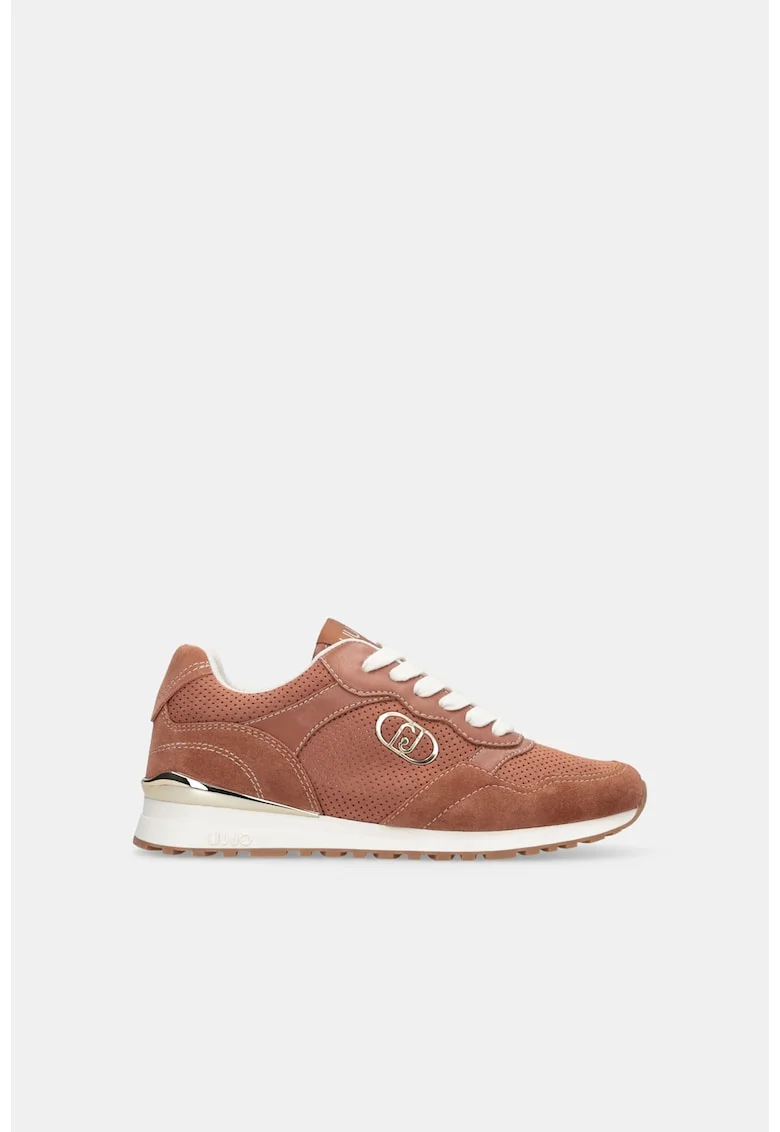 Pantofi sport de piele intoarsa cu garnituri de piele ecologica, Alb/Maro cognac