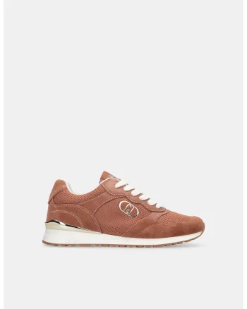 Pantofi sport de piele intoarsa cu garnituri de piele ecologica, Alb/Maro cognac