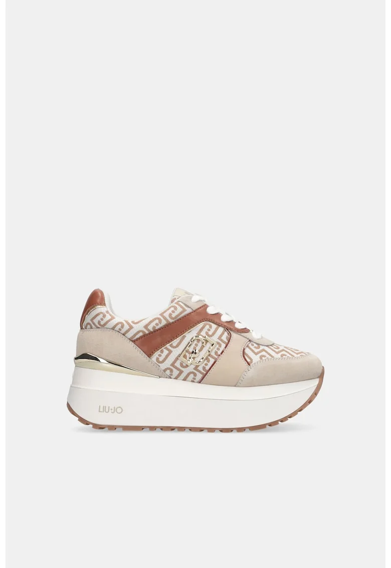 Pantofi sport flatform de piele intoarsa si piele, Bej
