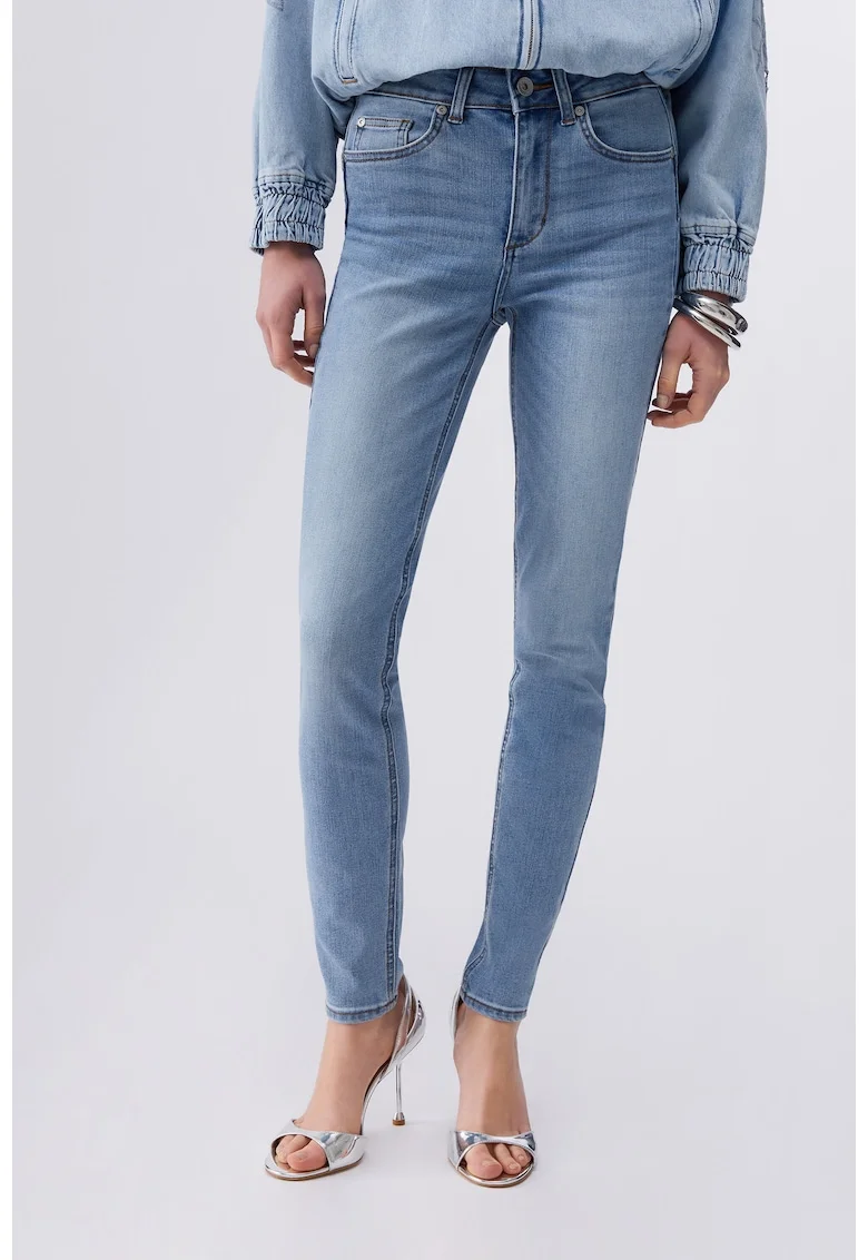 Blugi skinny cu talie inalta si aspect decolorat, Albastru