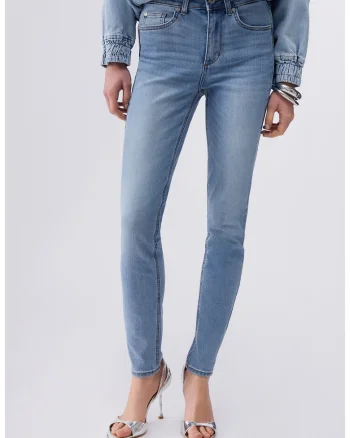 Blugi skinny cu talie inalta si aspect decolorat, Albastru