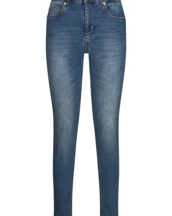 Blugi skinny cu talie inalta si aspect decolorat, Albastru inchis