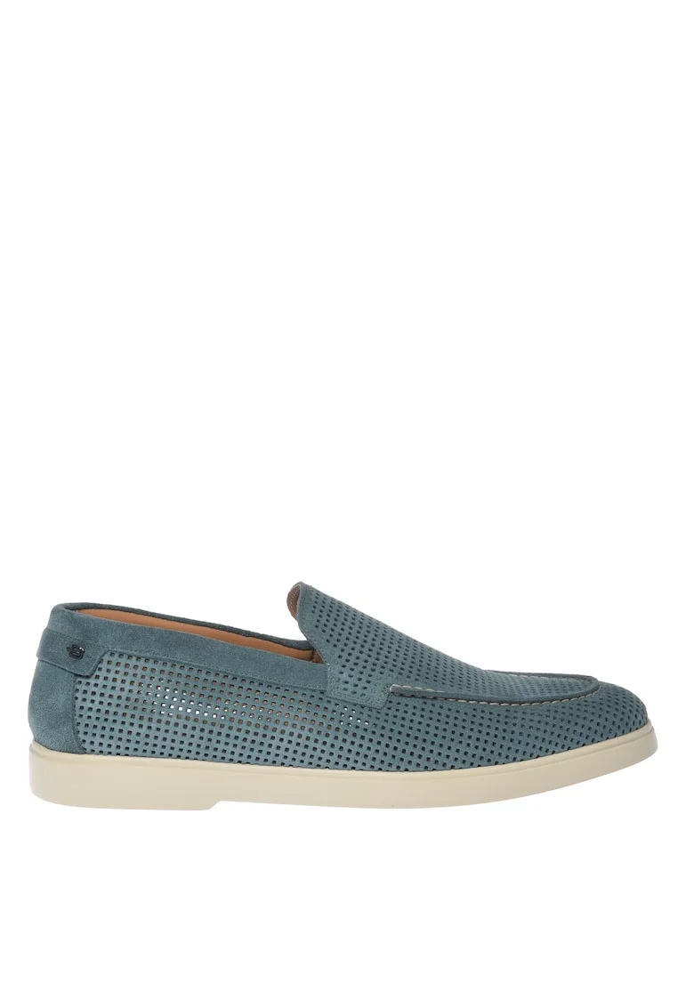 Pantofi loafer de piele intoarsa cu perforatii, Albastru petrol
