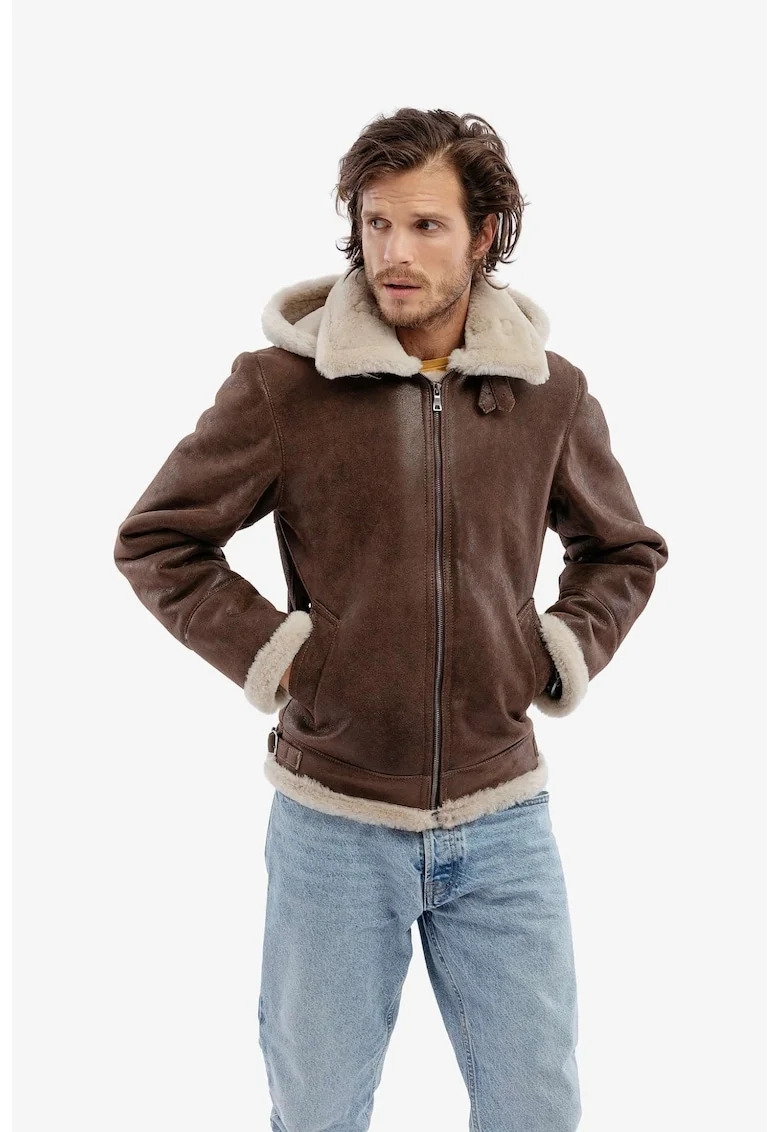 Jacheta din piele naturala, model Men's Vintage Aviator, Maro