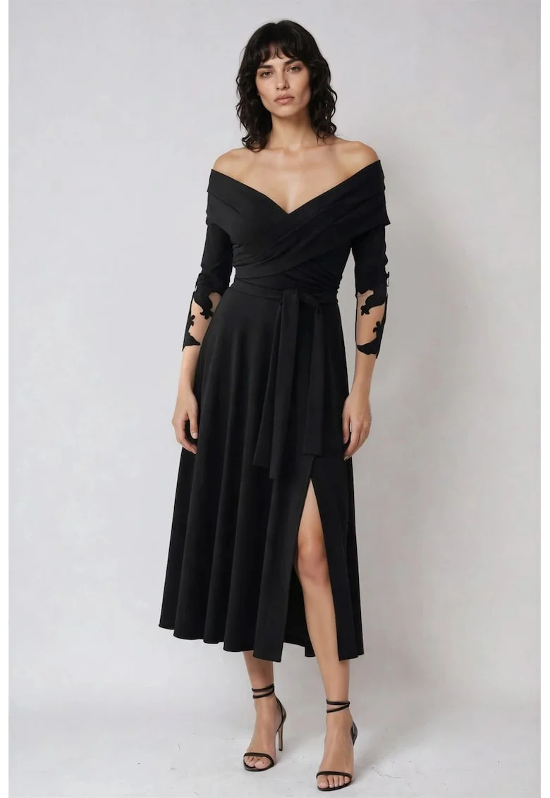 Rochie cu decolteu pe un umar si slit lateral, Negru