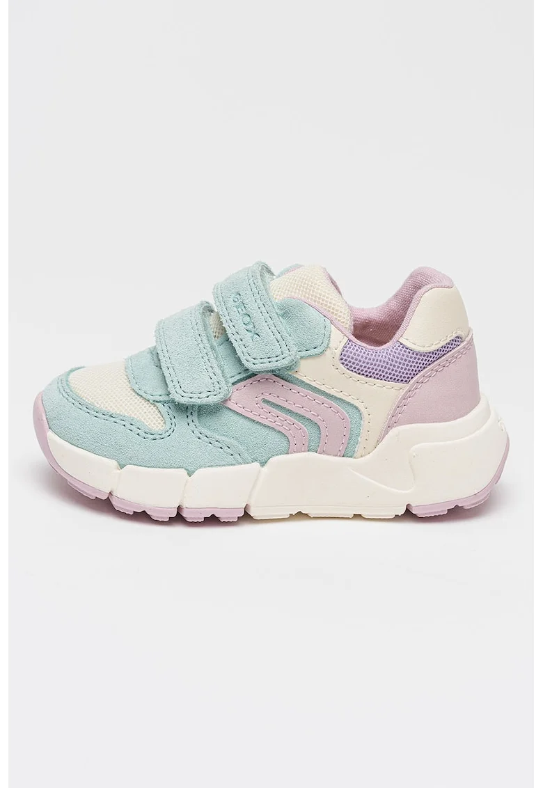 Pantofi sport Flexyper cu velcro si insertii de piele intoarsa, Turcoaz/Lila/Alb murdar