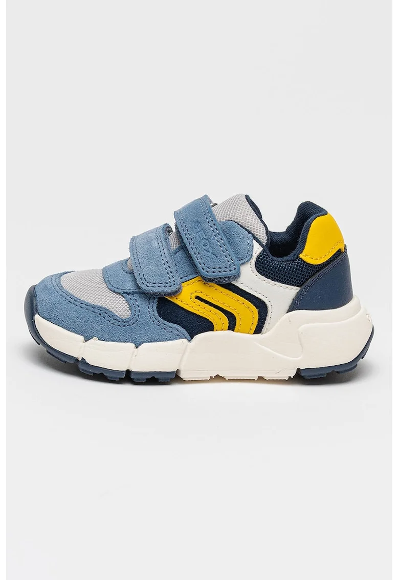 Pantofi sport wedge cu velcro si insertii de piele intoarsa, Albastru inchis/Galben sofran/Alb murdar