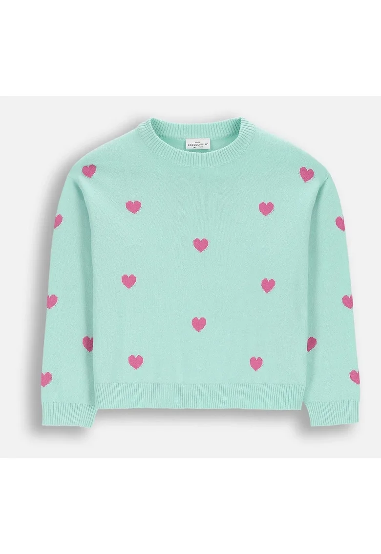Pulover  pentru fete, verde mentă, imprimeu inimi, Verde menta