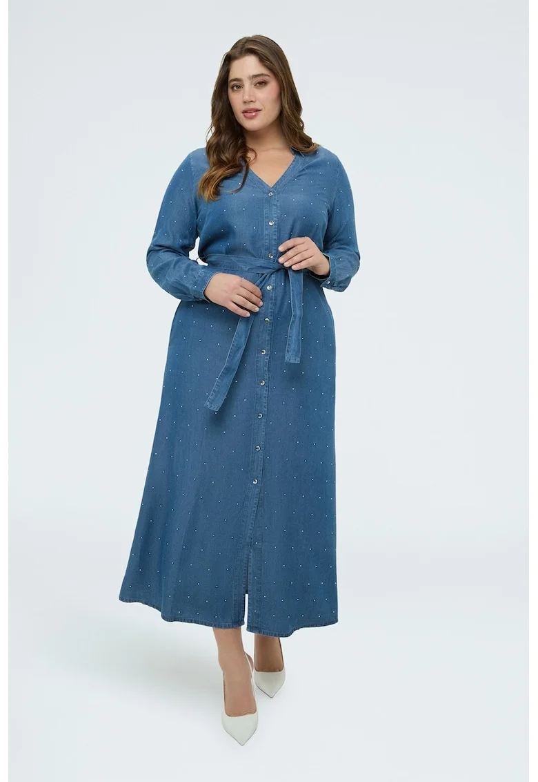 Rochie midi din lyocell si strasuri, Albastru prafuit