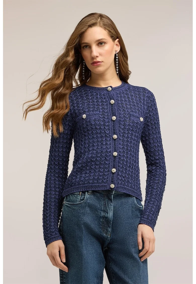 Cardigan cu nasturi tip bijuterie, Bleumarin