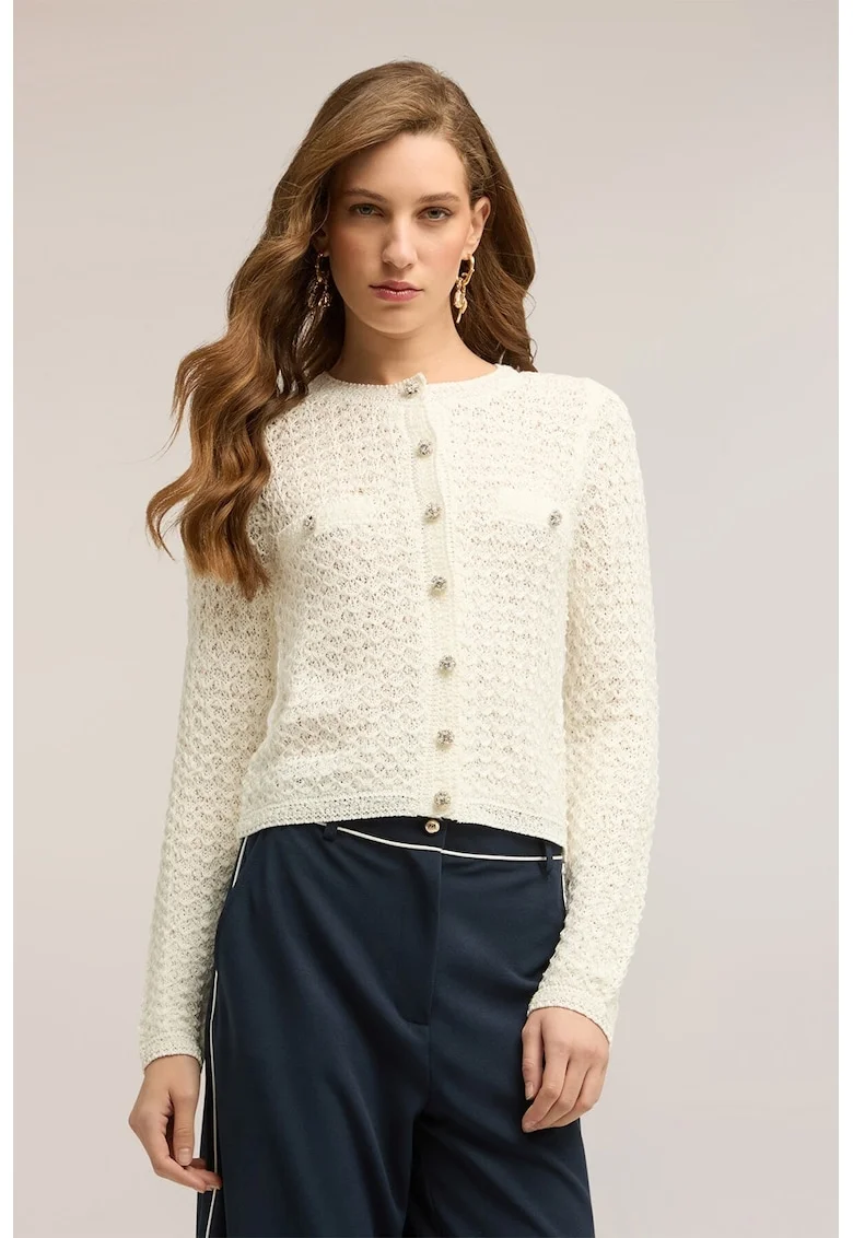 Cardigan cu nasturi tip bijuterie, Alb fildes