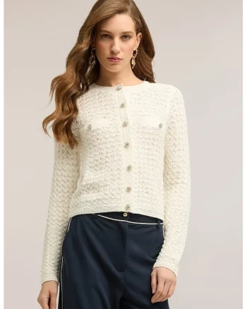 Cardigan cu nasturi tip bijuterie, Alb fildes