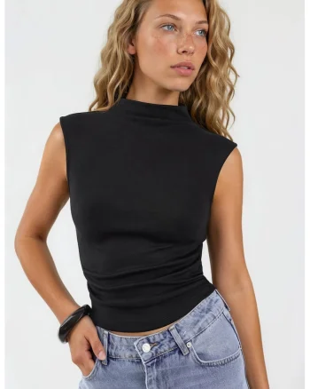 Top scurt  casual, guler semi-rulat, negru, 60% poliester, 35% viscoza, 5% elastan,