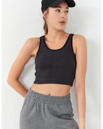Top scurt,  fara maneci, negru, bumbac-elastan,
