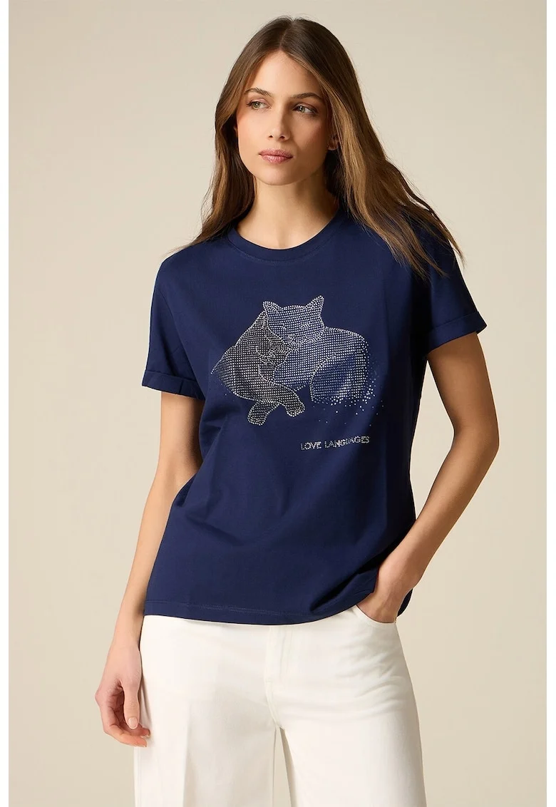 Tricou cu decolteu la baza gatului si imprimeu grafic, Bleumarin