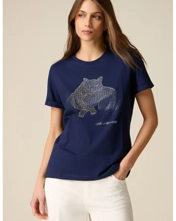 Tricou cu decolteu la baza gatului si imprimeu grafic, Bleumarin