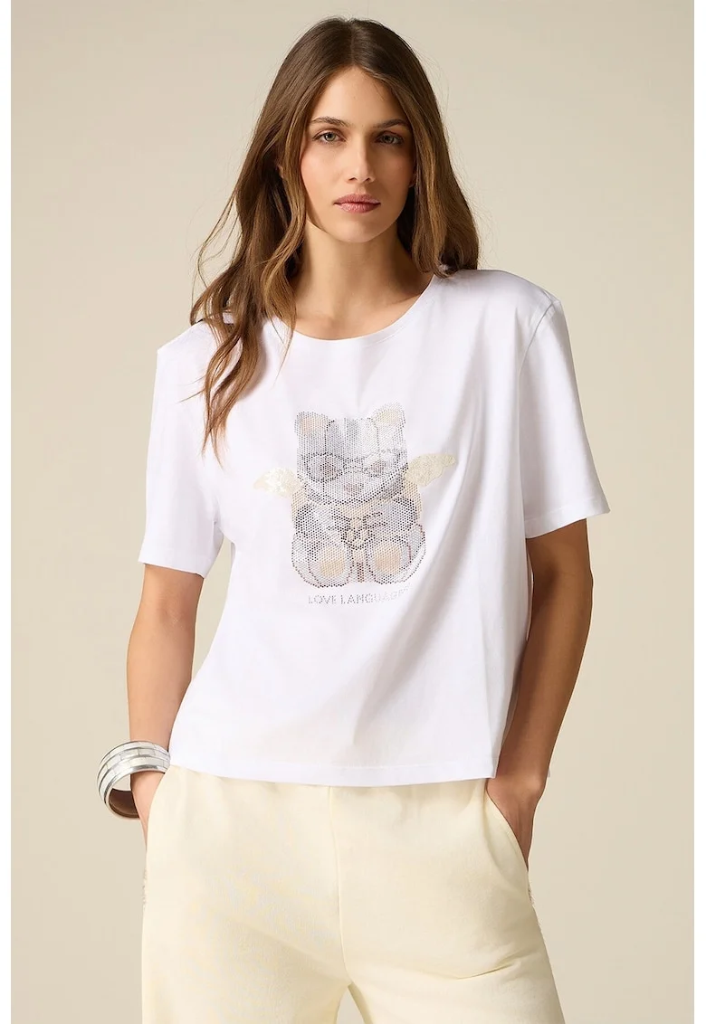 Tricou cu decolteu la baza gatului si imprimeu grafic, Alb/Alb fildes