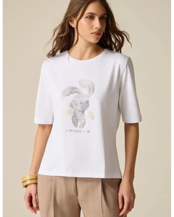 Tricou cu decolteu la baza gatului si imprimeu grafic, Alb/Gri